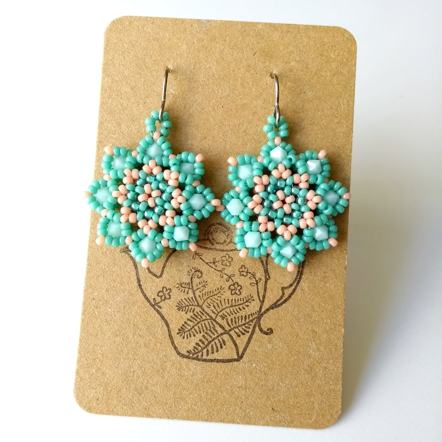 Mandala Style Crystal Earrings in Peach Pink and Mint Green