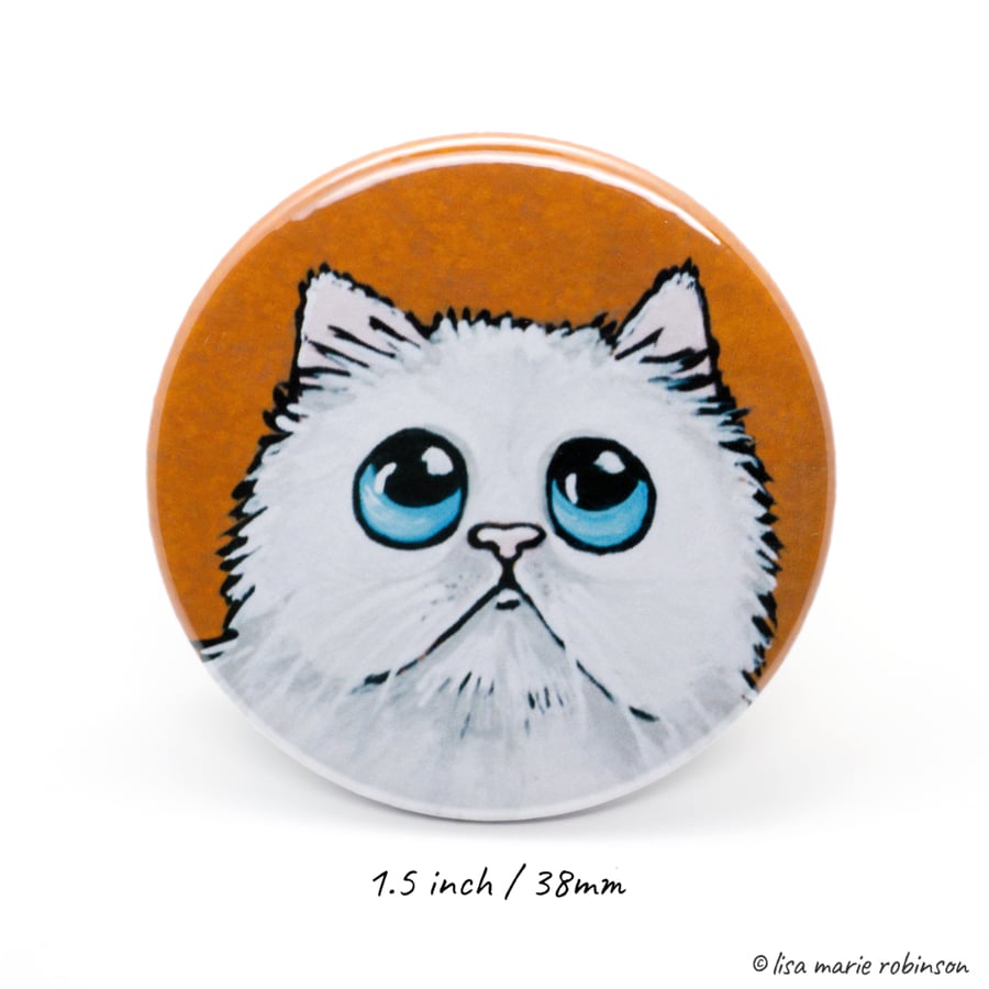 38mm Button Badge - White Persian Cat (1.5 inch)