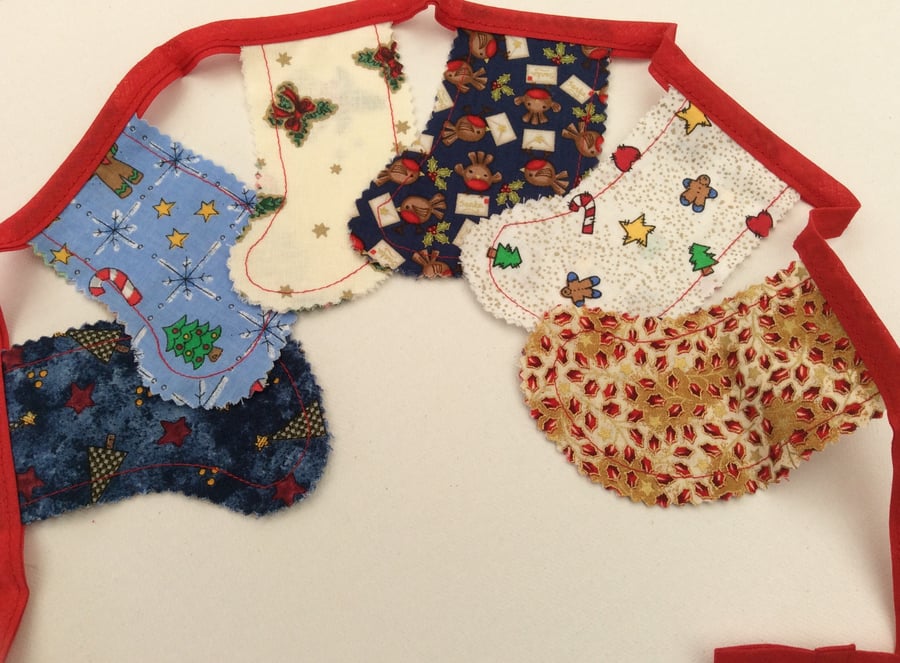 Christmas Stockings Mini Bunting Garland, Candy Cane, Holly, Robins, Trees