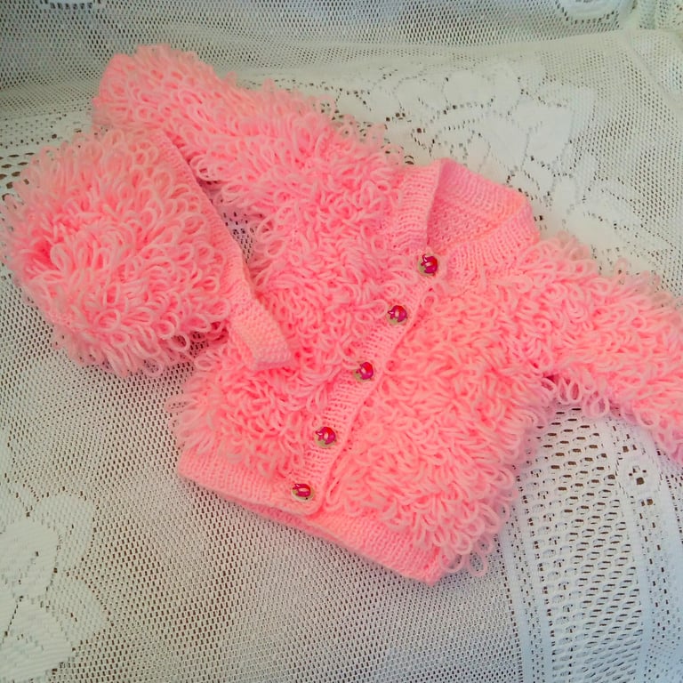 Baby Girl's Looped Cardigan and Bonnet Set, Baby Girl's Outfit, Baby Shower Gift