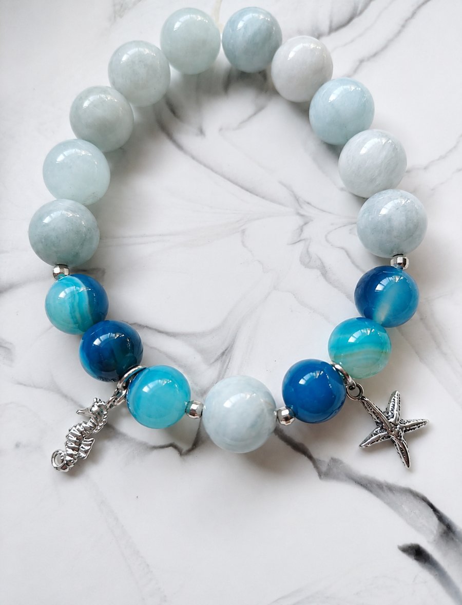Handmade Aquamarine & Blue Agate Bracelet with Silver Starfish & Seahorse Charms
