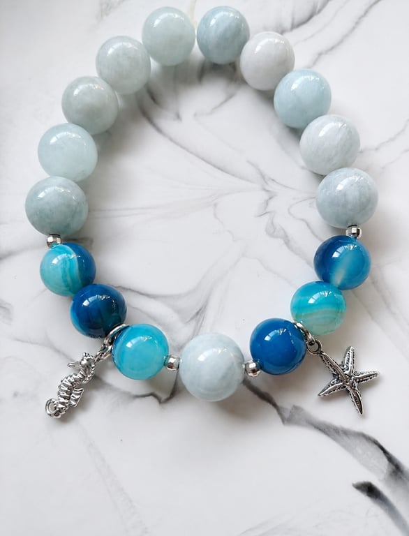 Handmade Aquamarine & Blue Agate Bracelet with Silver Starfish & Seahorse Charms