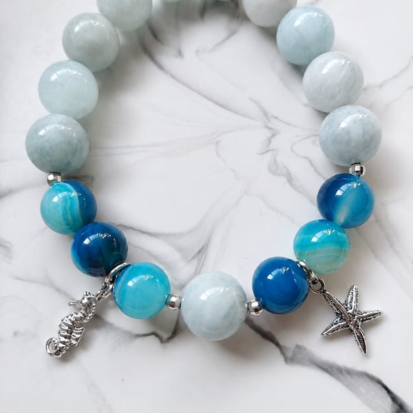 Handmade Aquamarine & Blue Agate Bracelet with Silver Starfish & Seahorse Charms