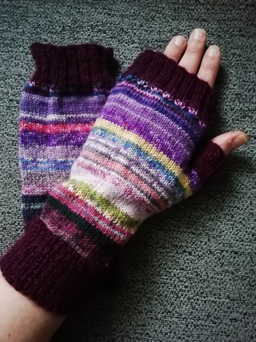 Fingerless Gloves - Hand Knitted - Multicoloured Purple