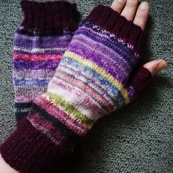 Fingerless Gloves - Hand Knitted - Multicoloured Purple