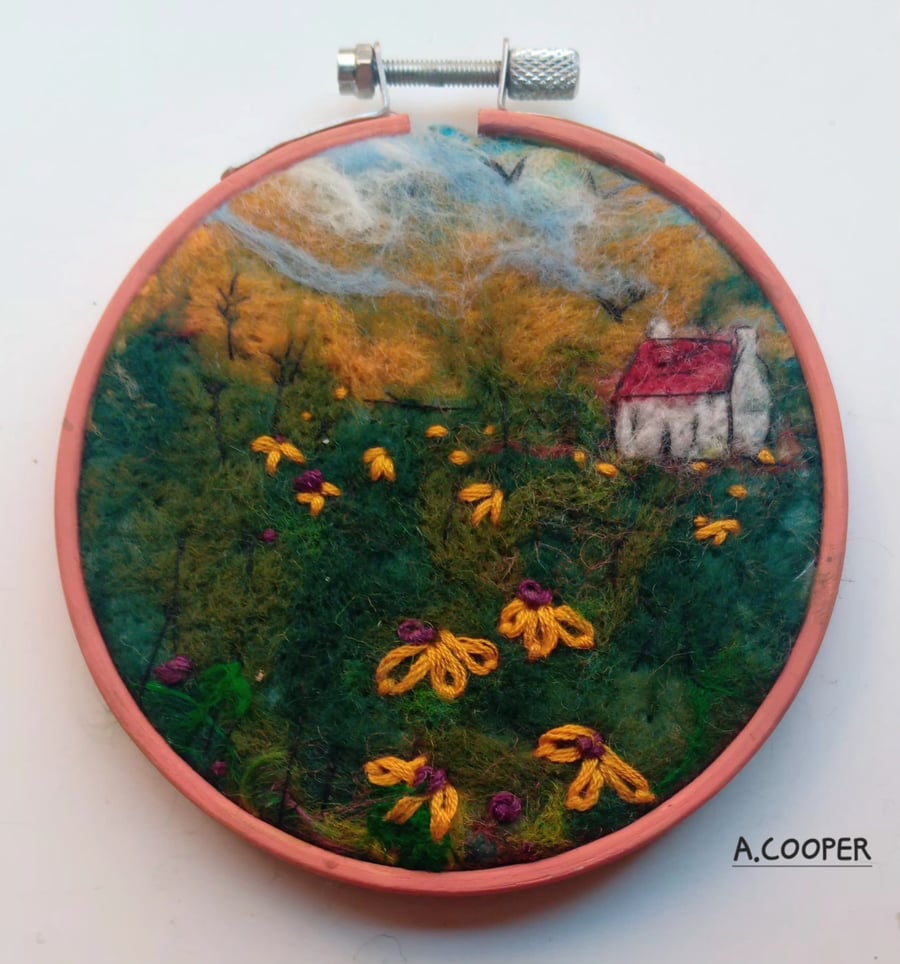 SCOTTISH BOTHY ON AN AUTUMN DAY handmade, original, needle felted wool picture 