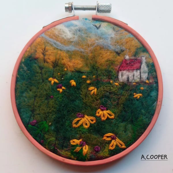 SCOTTISH BOTHY ON AN AUTUMN DAY handmade, original, needle felted wool picture 