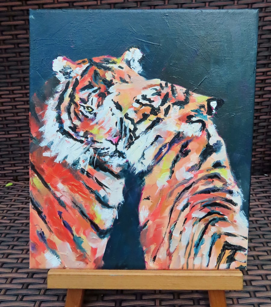 Tigers Hug Art Original Oil Painting on Canvas OOAK Animal