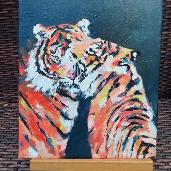 Tigers Hug Art Original Oil Painting on Canvas OOAK Animal