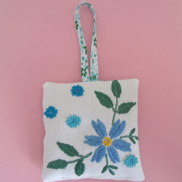 SALE Lavender Bag Vintage Embroidered Blue Flower Design with Hanging Loop