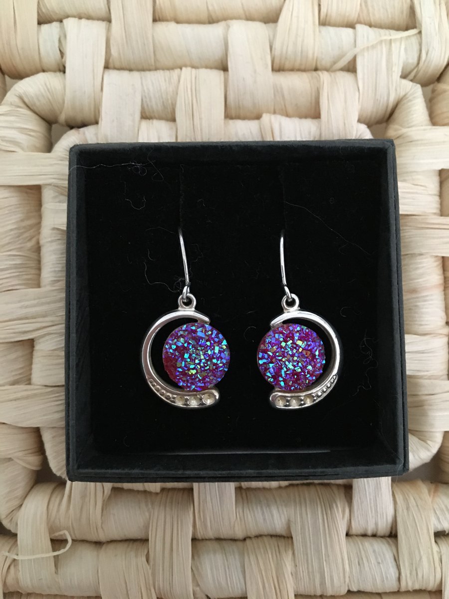 New Moon Earrings with Resin Druzy Centres