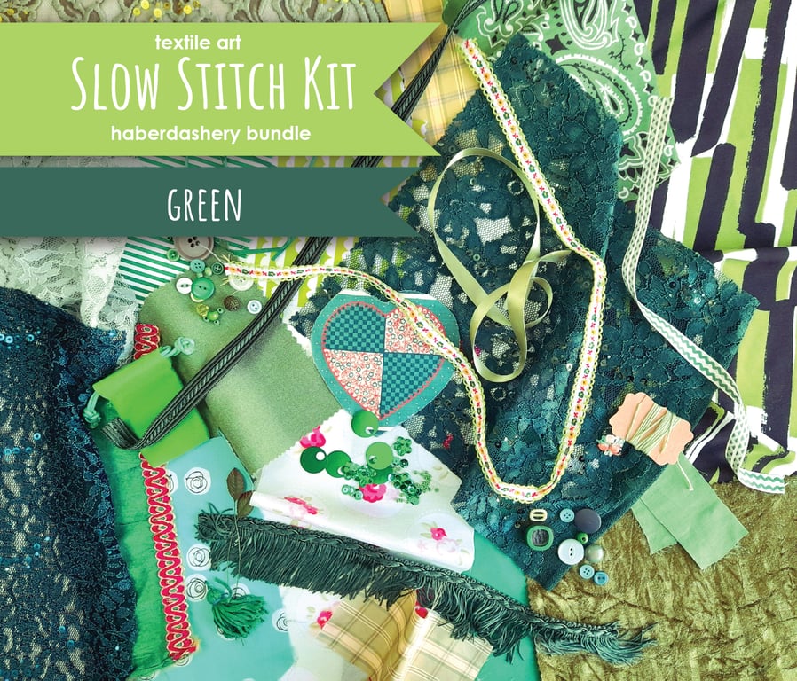 Slow stitching kit - green theme. Fabric remnants, fabric bundle