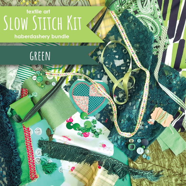 Slow stitching kit - green theme. Fabric remnants, fabric bundle
