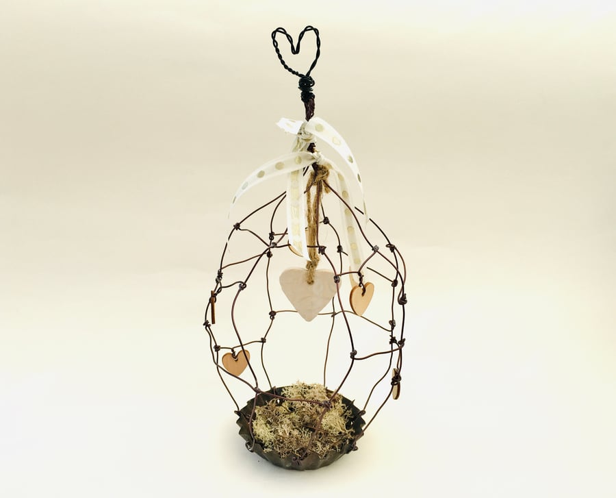 Wire art bird cage with ceramic love heart hanger, bespoke art