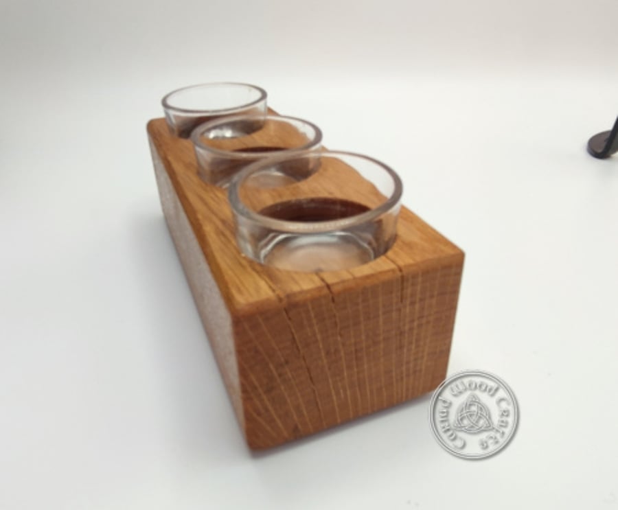 Recycled Solid Oak Tripple Tea light Candle Holder with Glass inserts