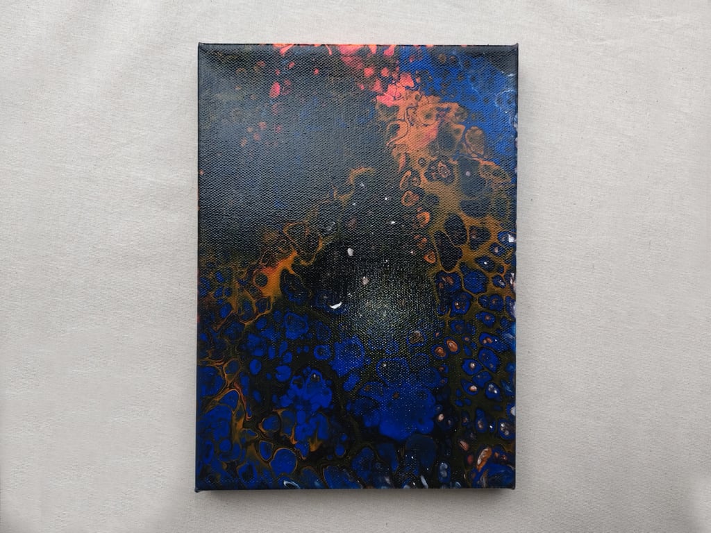 Acrylic Pour Art Canvas, Wall Art - Orange,Blue & White Flower Colour Scheme