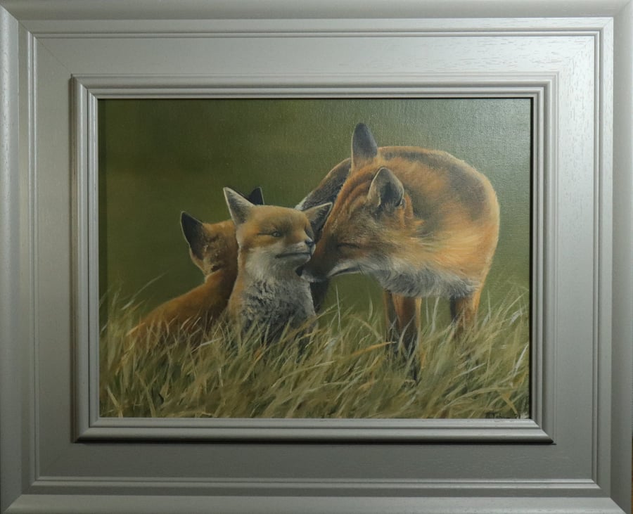 Fox and Cubs, Animal original, Foxes Oil Artwork, by UK Artist Alex Jabore, Impr