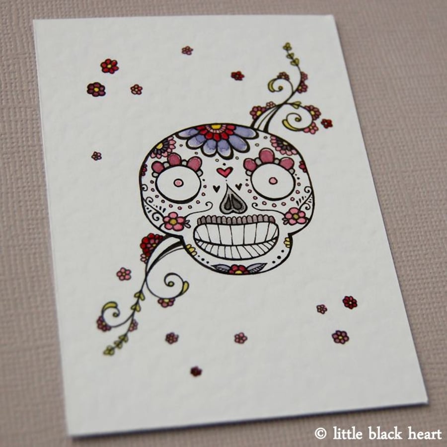 sugarskull in plums, reds and blues - original aceo