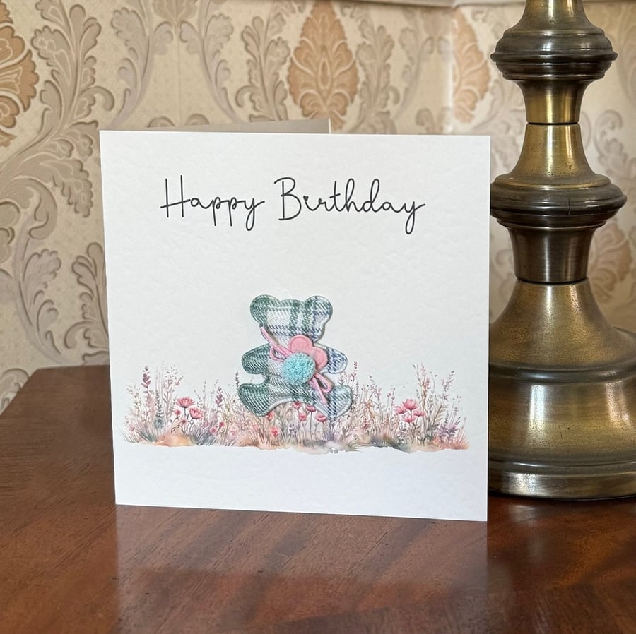 Birthday Card with Fabric Bear Motif, square card 13.5cm x 13.5cm