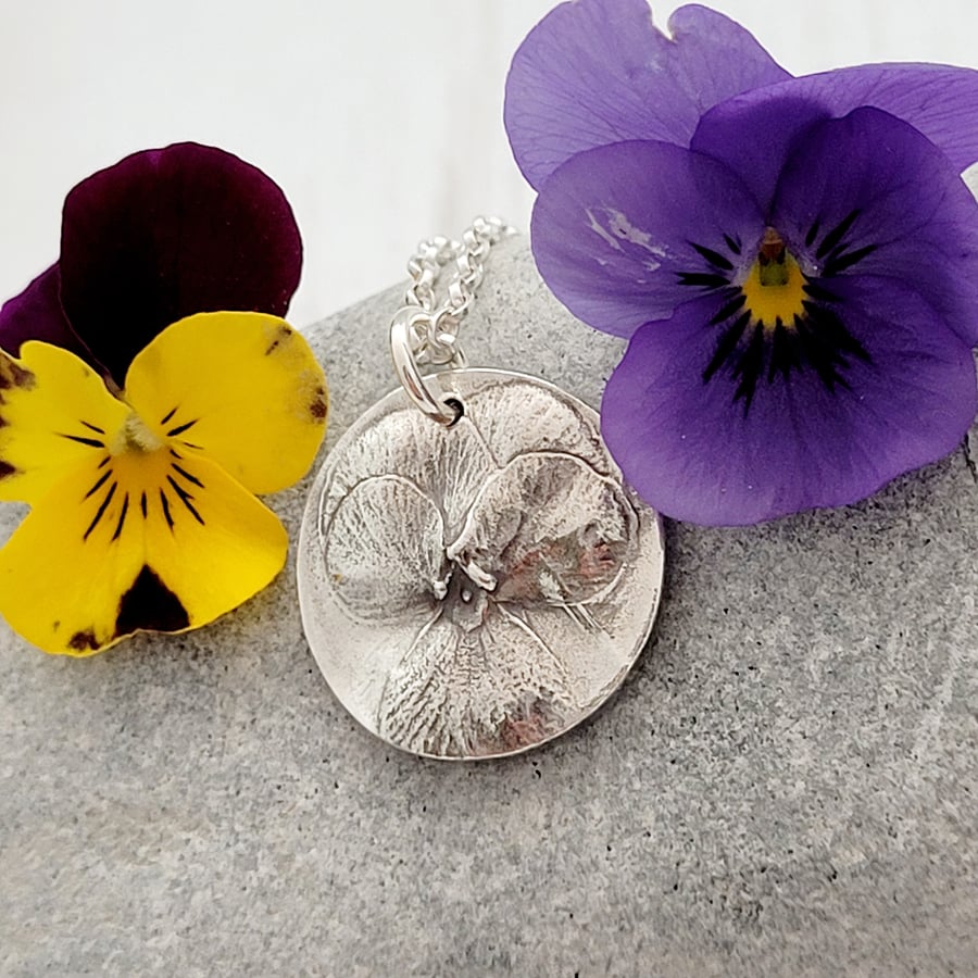 Viola Pansy Flower necklace Sterling Silver