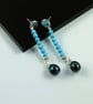 Earrings, Sterling Silver Long Droppers with Turquoise and Teal Pearl - Image 5