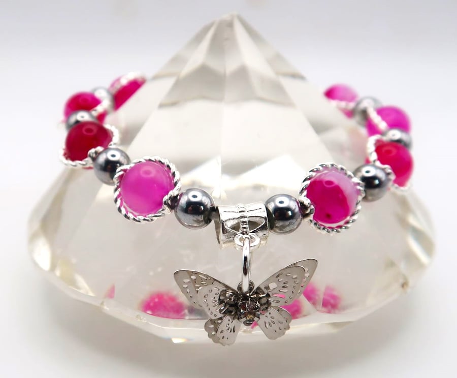 Fuchsia Pink Stripped Agate Stretch Bracelet with Butterfly Charm.