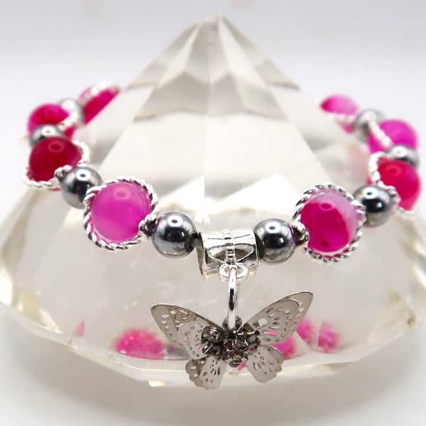 Fuchsia Pink Stripped Agate Stretch Bracelet with Butterfly Charm.