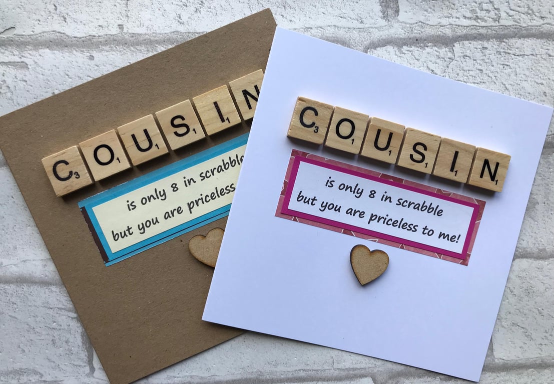 Handmade Cousin Card: Scrabble Tile & Heart Design, Birthday Greeting
