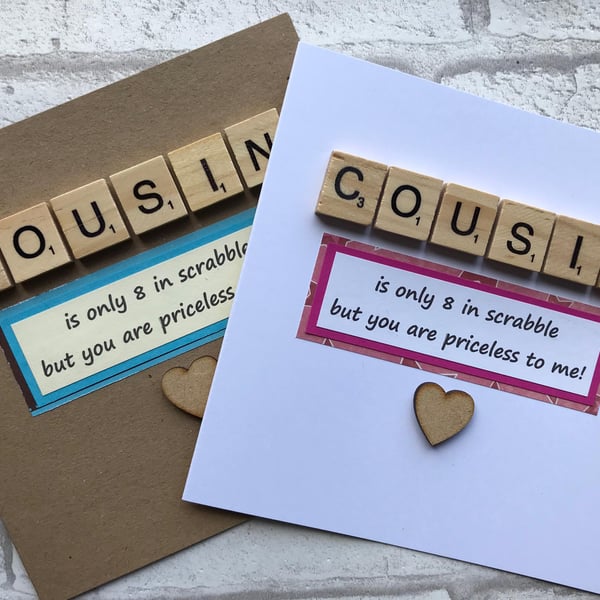 Handmade Cousin Card: Scrabble Tile & Heart Design, Birthday Greeting