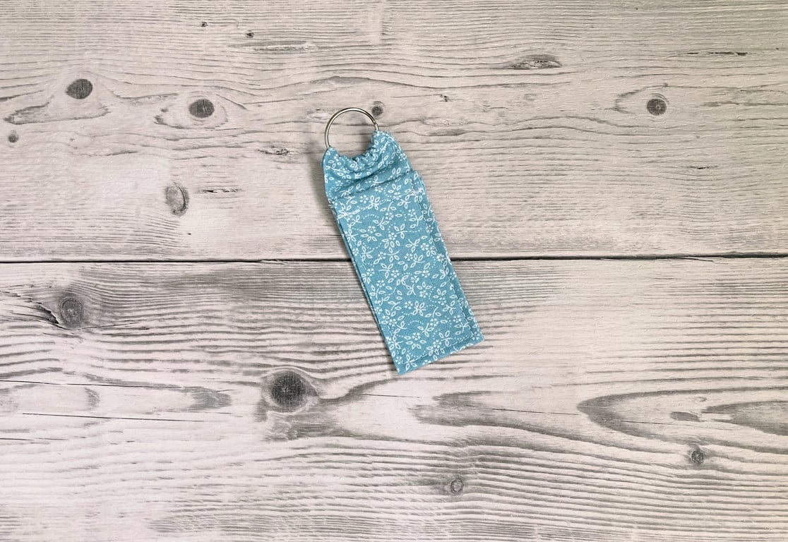 Lip balm cotton fabric keyring. Ditsy duck egg.