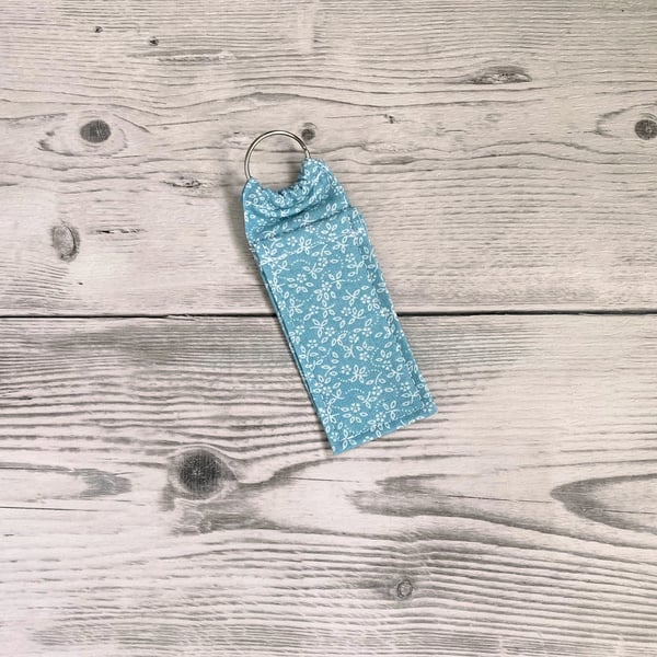 Lip balm cotton fabric keyring. Ditsy duck egg.