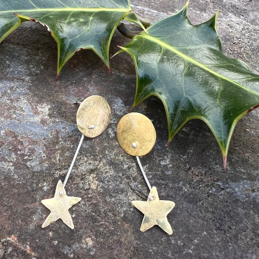 Brass Mismatched Star Dangle Stud Earrings
