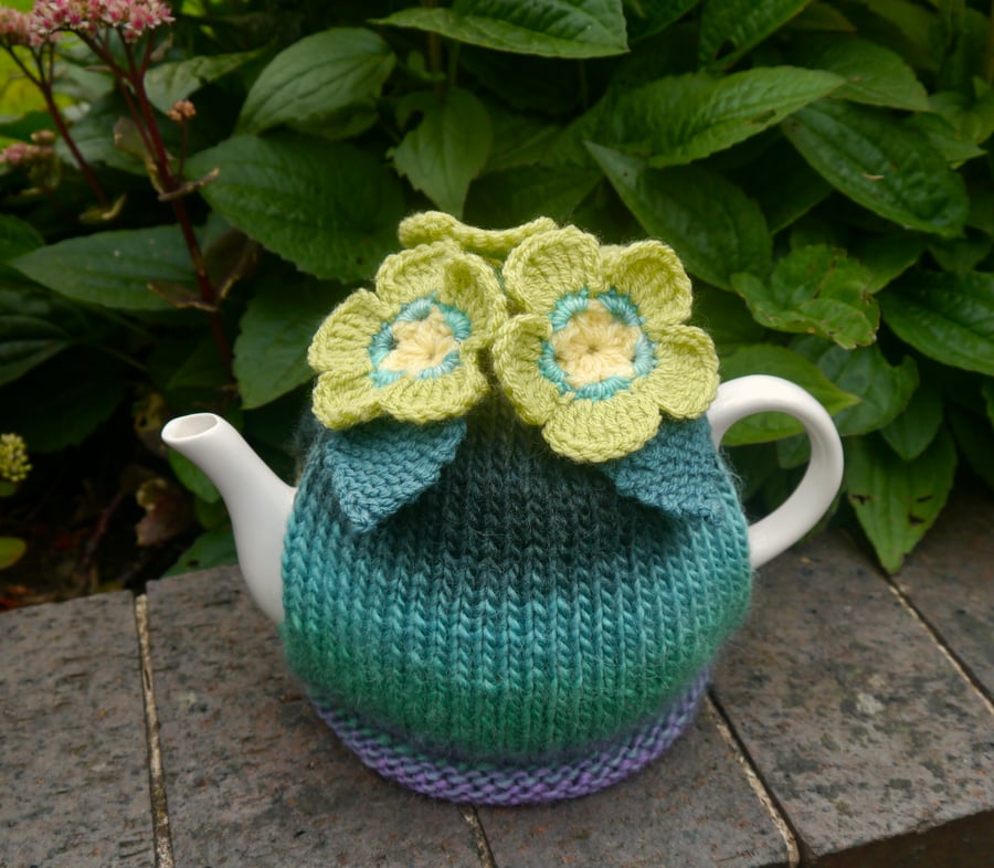 Large Rainbow Tea Cosy With Crochet Flowers, 8 Cup Tea Cozy