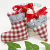 ROBIN CHRISTMAS STOCKING and HEART DECORATIONS - cranberry red gingham