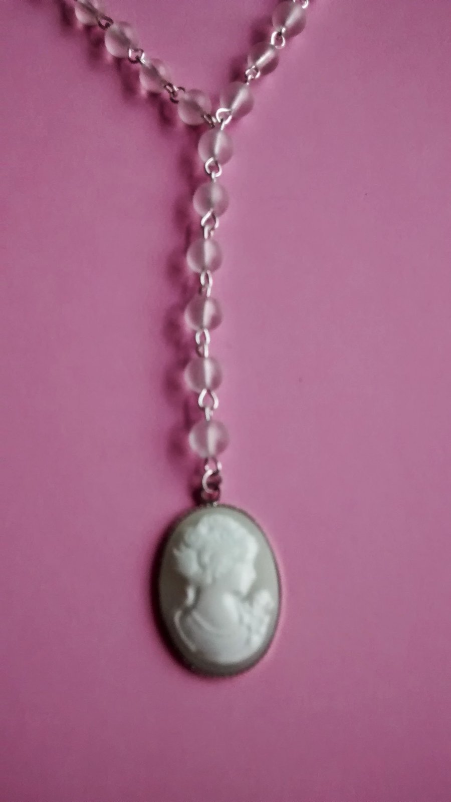 Vintage Style Frosted White Glass Bead Cameo Necklace Rosary Style