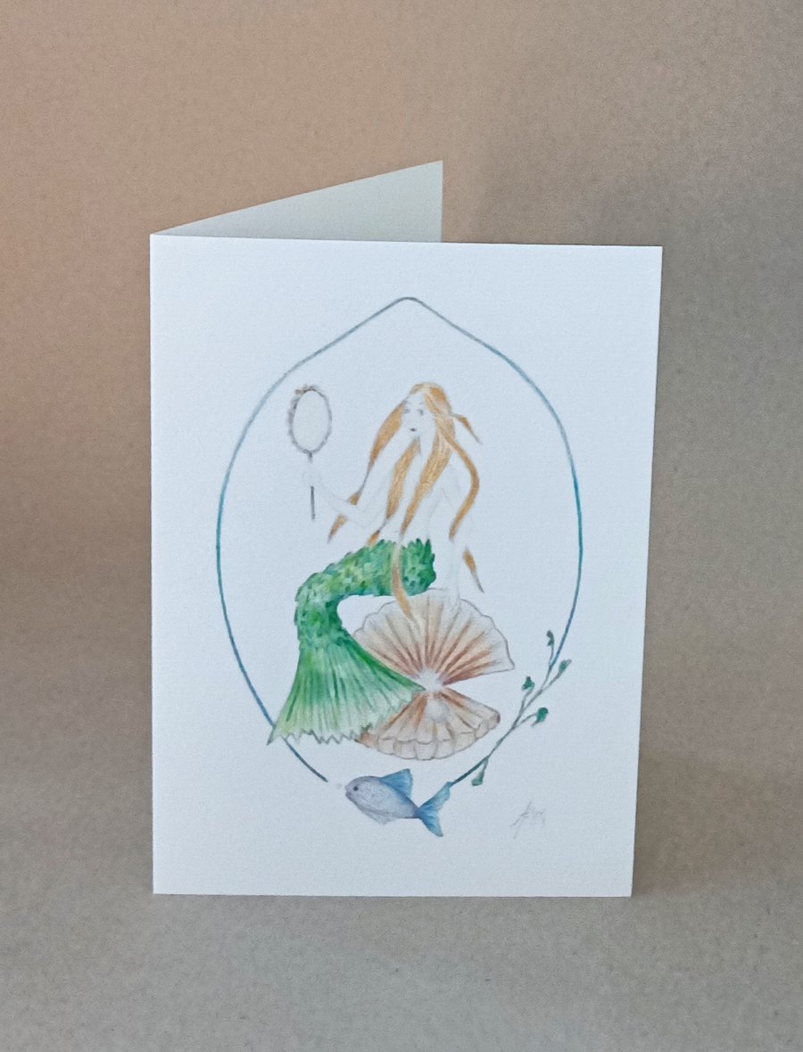 Mermaid with Mirror handmade card plus prints and original pencil artwork