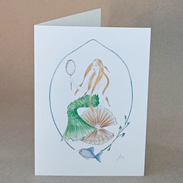 Mermaid with Mirror handmade card plus prints and original pencil artwork