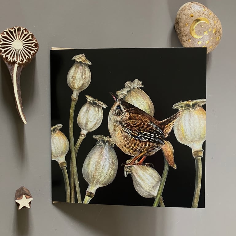 Wren And Poppy Seed Head Blank Greeting Card