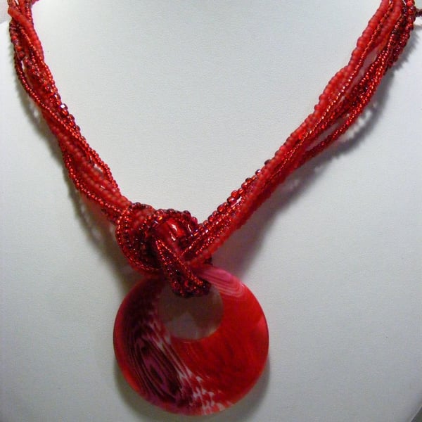 Red Pendant and Seed Bead Necklace
