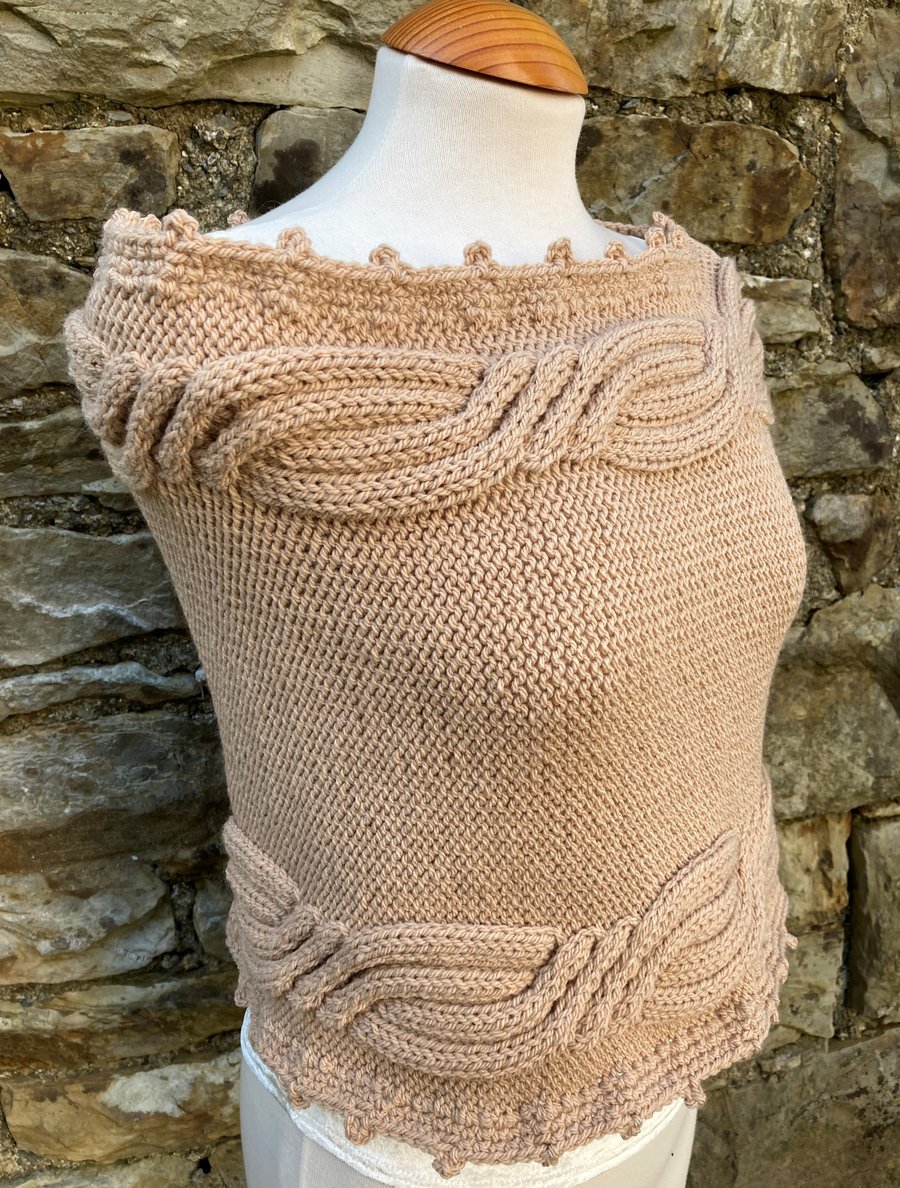 SALE Handknitted Cable Shawl in soft taupe wool