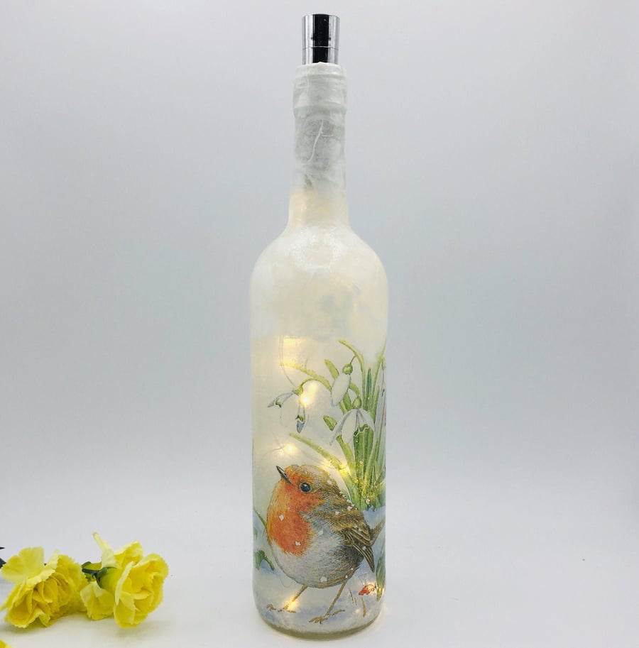 Decoupage bottle light, robin, christmas, winter