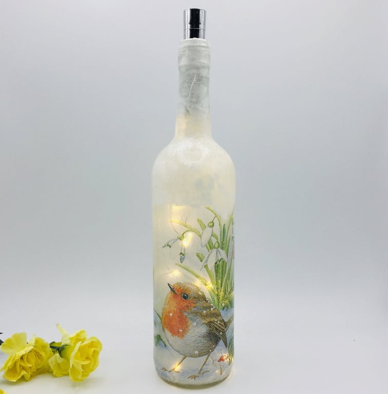 Decoupage bottle light, robin, christmas, winter