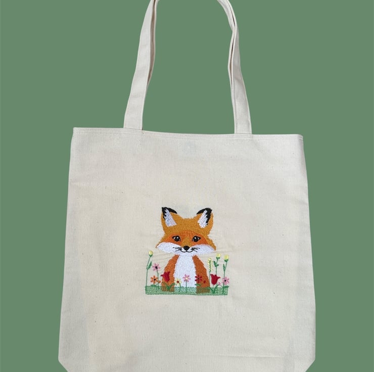 Embroidered Fox Shoulder Canvas Tote Bag Folksy