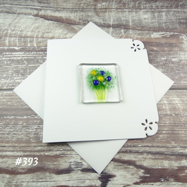 Yellow and blue flowers handcrafted fused glass blank card (393)