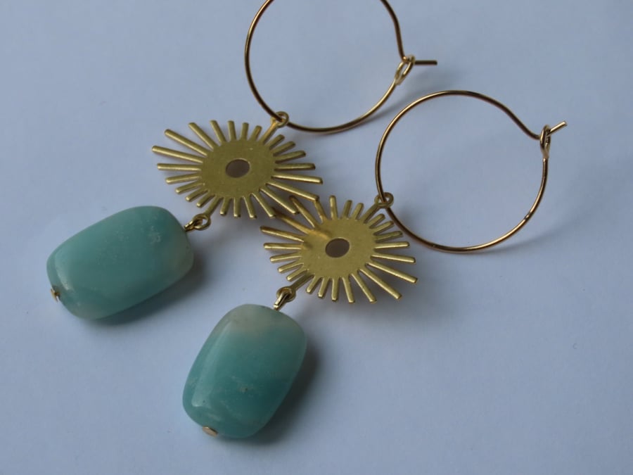 Natural Amazonite Earrings Gold Detail on gold hoops