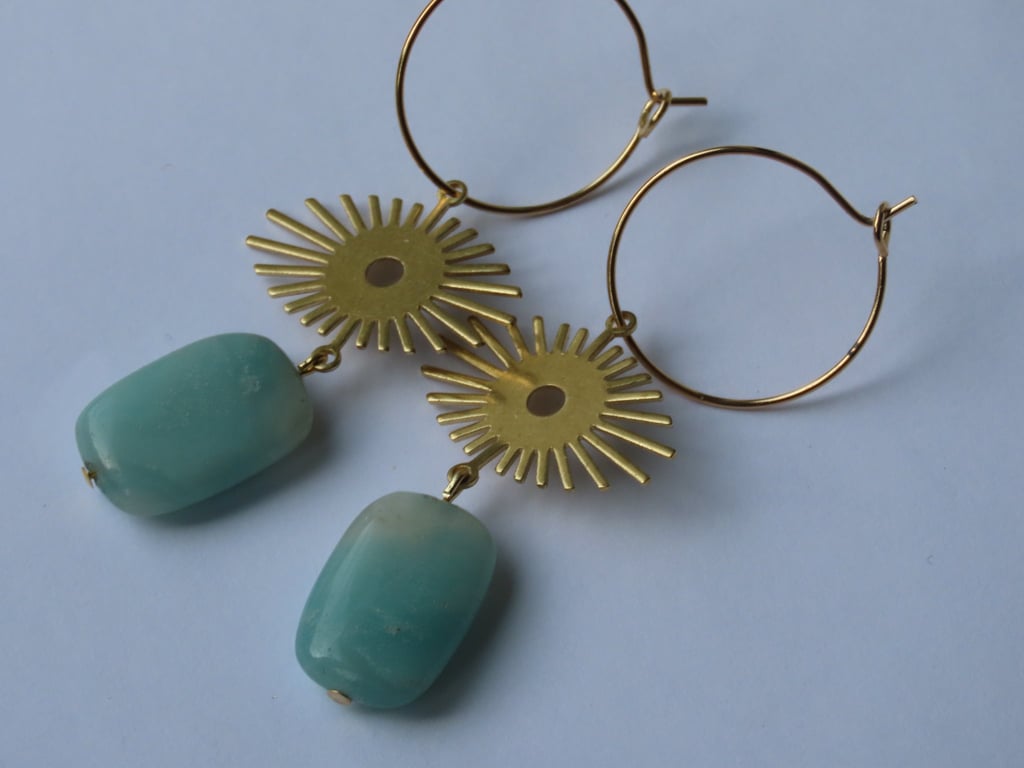 Natural Amazonite Earrings Gold Detail on gold hoops