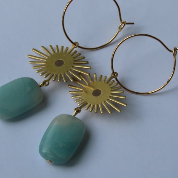 Natural Amazonite Earrings Gold Detail on gold hoops