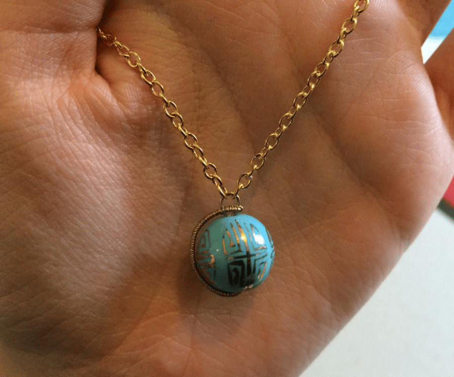 Hand Wrapped Chinese Porcelain Bead Pendant on Gold Plated Chain