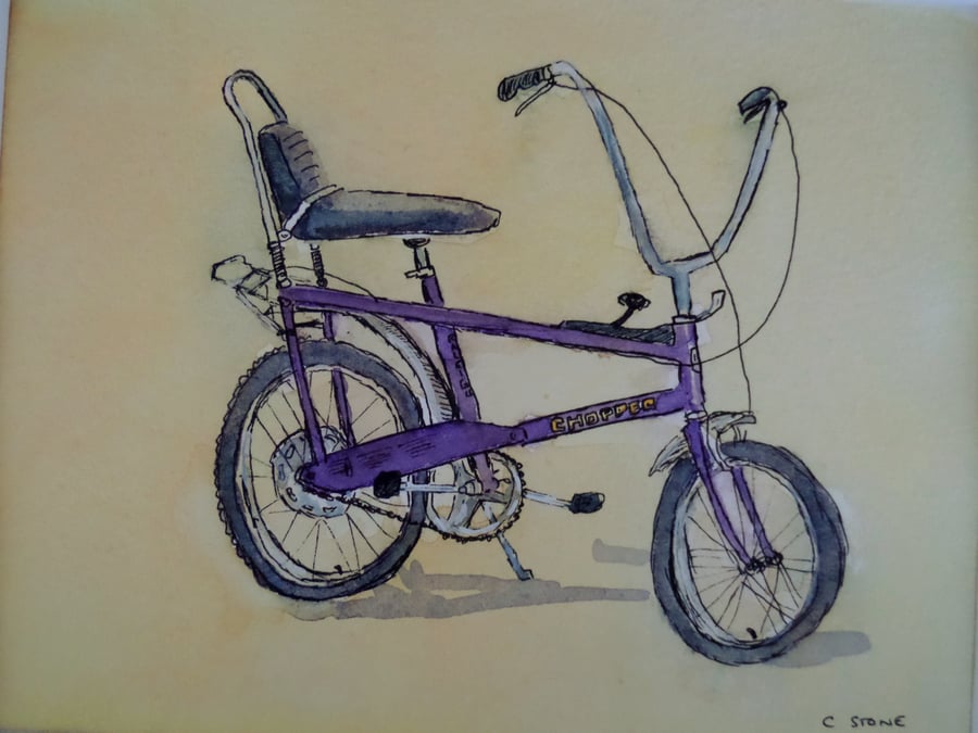 1970s retro Chopper style bicycle original watercolour pen and wash painting.