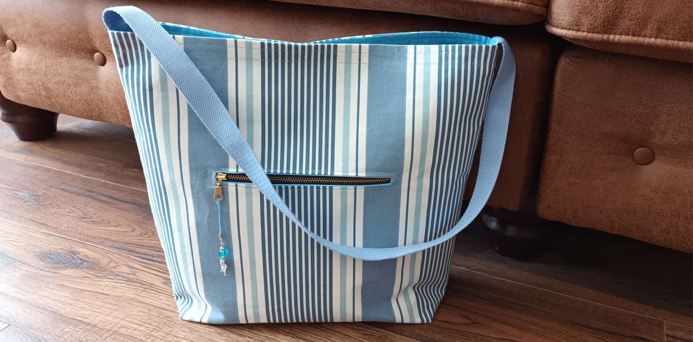 Blue And White Striped Shoulder Tote Bag With Two Pockets. Free Delivery 
